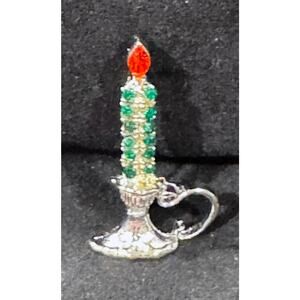 Vintage Candle Figural Brooch Green Rhinestones Red Flame Pin Jewelry CP63